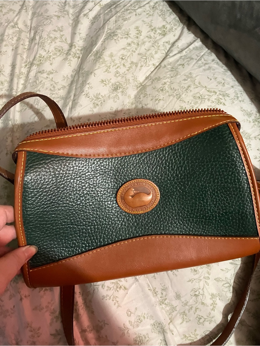Dooney & Bourke Green Pebbled Leather Crossbody with Brown Trim